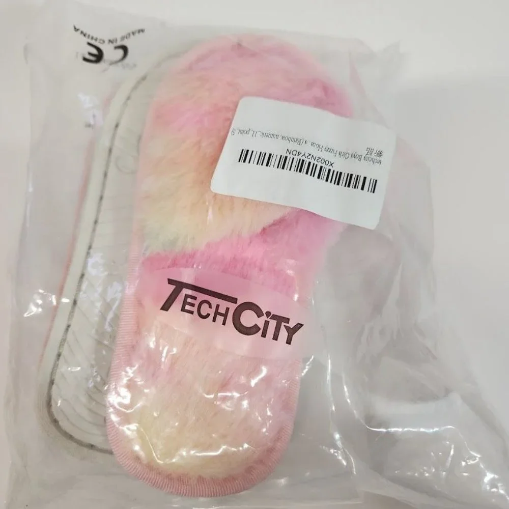 TechCity girls Fuzzy House Slippers in‎ Rainbow Faux Fur - Size 11.5